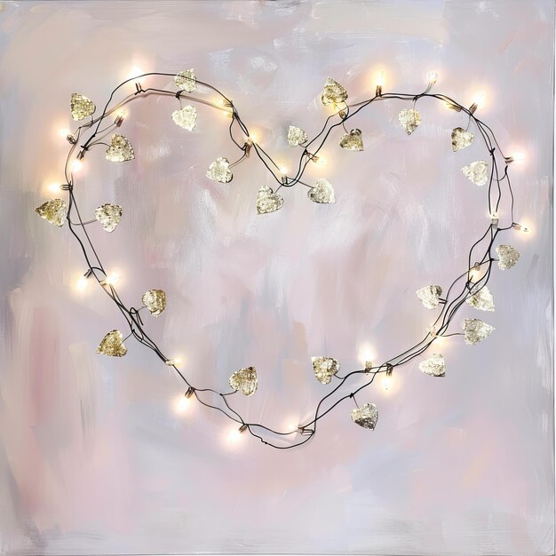 Photo heartshaped fairy light decoration with glittering heart ornaments on soft pink background