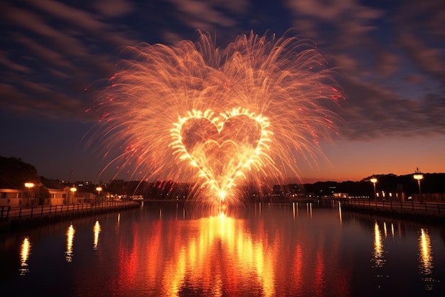 Heartshaped fireworks display for romantic theme created with generative ai