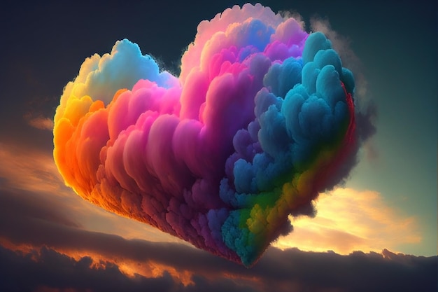 Heartshaped fluffy clouds with a rainbow illustration Generative AI