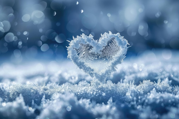 A heartshaped frost crystal glistens on the pristine snowy surface A snowy landscape with heartshaped snowflakes AI Generated