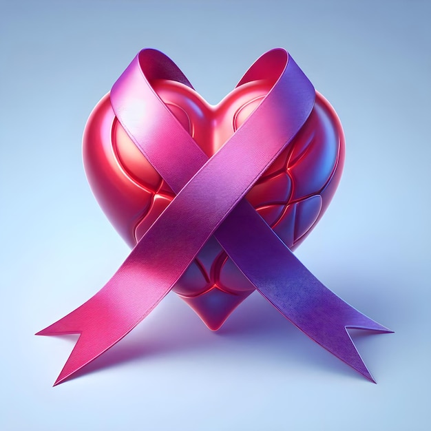 a heartshaped gift with a purple ribbon tied to it