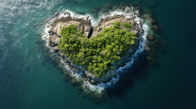 Heartshaped island in a telephoto lens aerial view of the ocean with realistic lighting