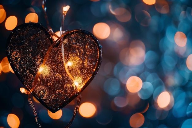 Heartshaped light glowing against a blue backdrop Glowing lights illuminating a heart silhouette against a dark background