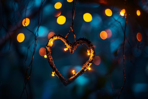 A heartshaped light glowing against a dark backdrop hanging from a tree branch Glowing lights illuminating a heart silhouette against a dark background