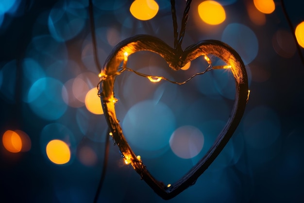 A heartshaped light glowing brightly as it hangs from a tree branch Glowing lights illuminating a heart silhouette against a dark background