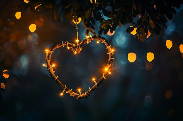 A heartshaped light is suspended from a tree creating a glowing silhouette against the darkness Glowing lights illuminating a heart silhouette against a dark background