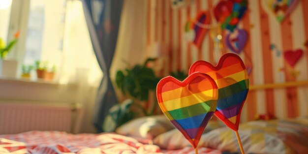 Heartshaped pinwheels on a bed