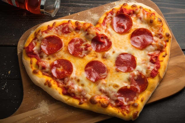 Heartshaped pizza with cheesy gooey goodness and sprinkled with pepperoni