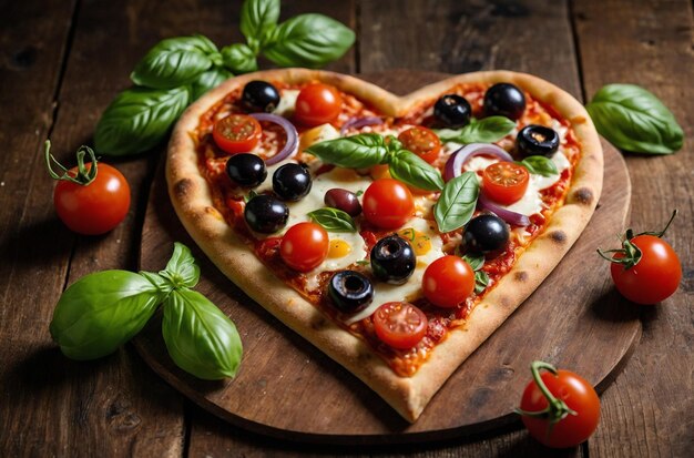 Heartshaped pizza with a variety of toppings