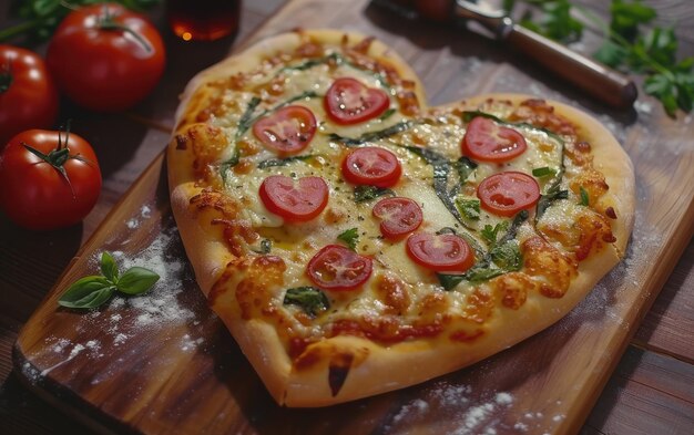 Heartshaped pizza on the wood background professional advertising food photo ai generated