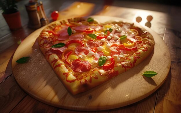 Heartshaped pizza on the wood background professional advertising food photo ai generated