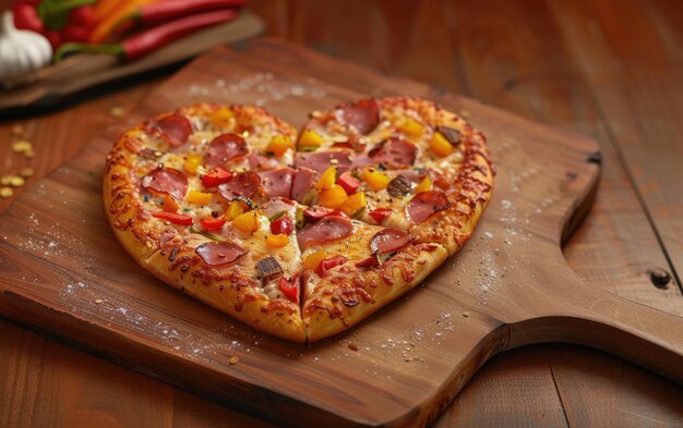 Heartshaped pizza on the wood background professional advertising food photo ai generated