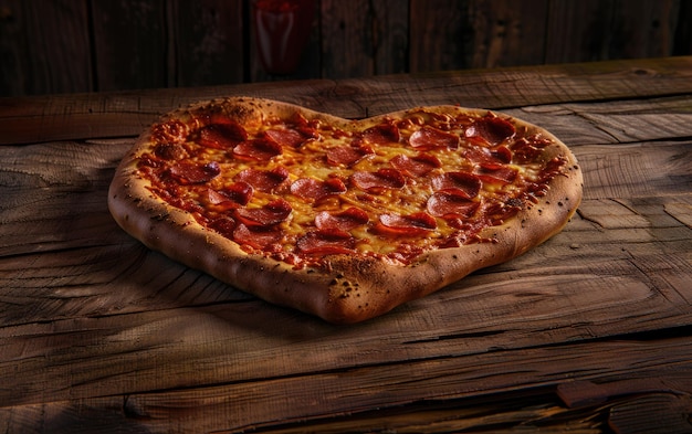 Heartshaped pizza on the wood background professional advertising food photo ai generated