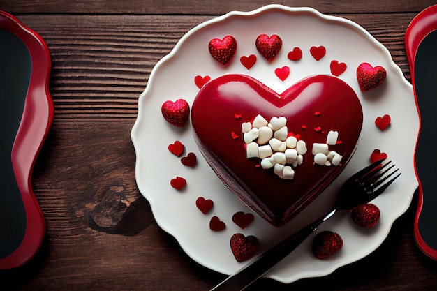 Heartshaped plate and Valentines Day decorations on table food