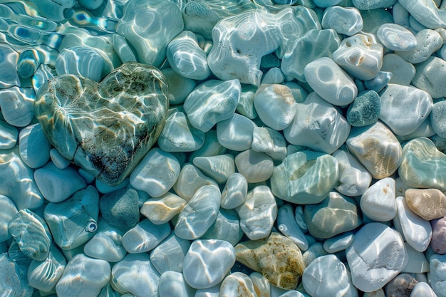 Photo heartshaped rock amongst pebbles in water