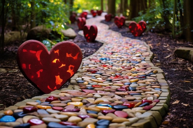 Photo heartshaped stones lining a pathway