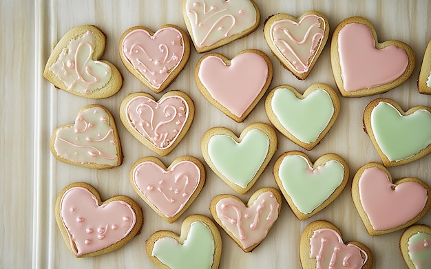 Photo heartshaped sugar cookies with pink and green icing sweet homemade dessert for celebrations