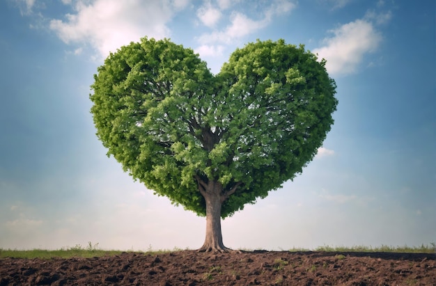 Heartshaped tree in a field with blue background