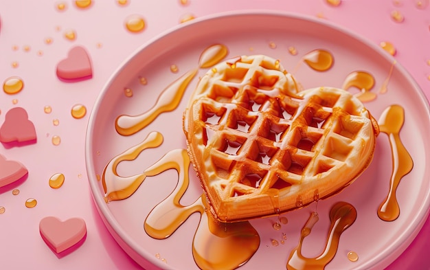 Heartshaped waffles drizzled with syrup on pastel background professional food photo ai generated