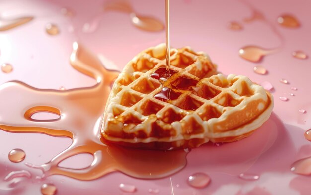 Heartshaped waffles drizzled with syrup on pastel background professional food photo ai generated