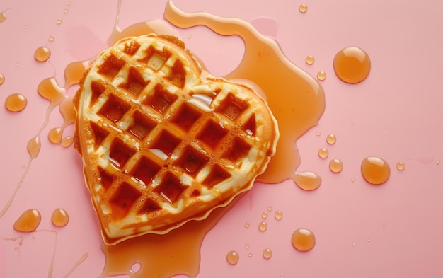 Heartshaped waffles drizzled with syrup on pastel background professional food photo ai generated