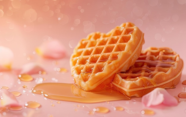 Heartshaped waffles drizzled with syrup on pastel background professional food photo ai generated