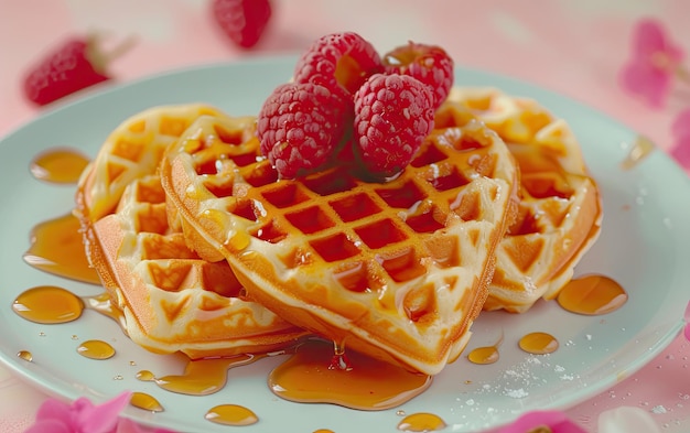 Heartshaped waffles drizzled with syrup on pastel background professional food photo ai generated