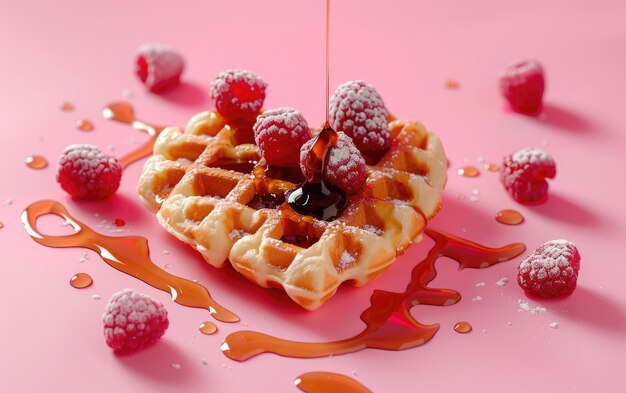 Heartshaped waffles drizzled with syrup on pastel background professional food photo ai generated