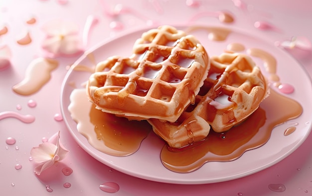 Heartshaped waffles drizzled with syrup on pastel background professional food photo ai generated