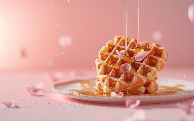 Heartshaped waffles drizzled with syrup on pastel background professional food photo ai generated