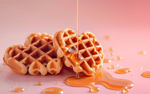 Heartshaped waffles drizzled with syrup on pastel background professional food photo ai generated