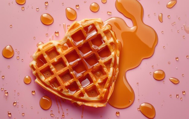 Heartshaped waffles drizzled with syrup on pastel background professional food photo ai generated