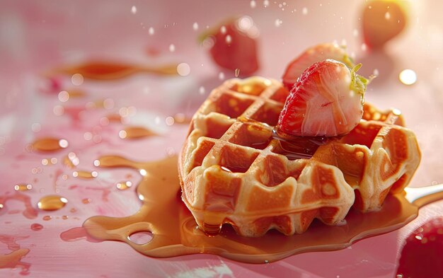 Heartshaped waffles drizzled with syrup on pastel background professional food photo ai generated