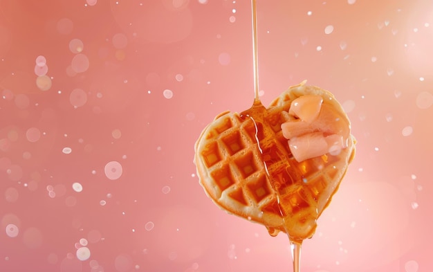 Heartshaped waffles drizzled with syrup on pastel background professional food photo ai generated