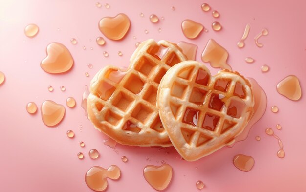 Heartshaped waffles drizzled with syrup on pastel background professional food photo ai generated