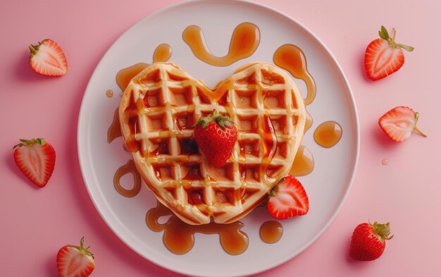 Heartshaped waffles drizzled with syrup on pastel background professional food photo ai generated