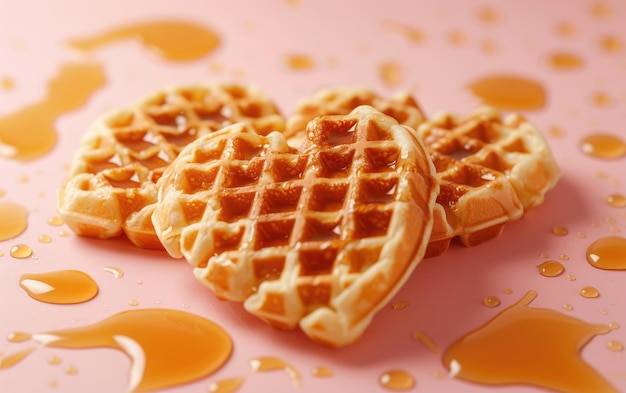 Heartshaped waffles drizzled with syrup on pastel background professional food photo ai generated