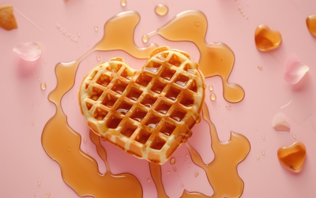 Heartshaped waffles drizzled with syrup on pastel background professional food photo ai generated