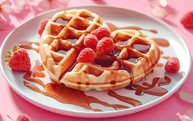 Heartshaped waffles drizzled with syrup on pastel background professional food photo ai generated