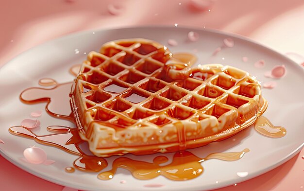 Heartshaped waffles drizzled with syrup on pastel background professional food photo ai generated