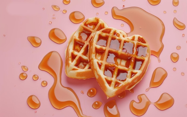 Heartshaped waffles drizzled with syrup on pastel background professional food photo ai generated