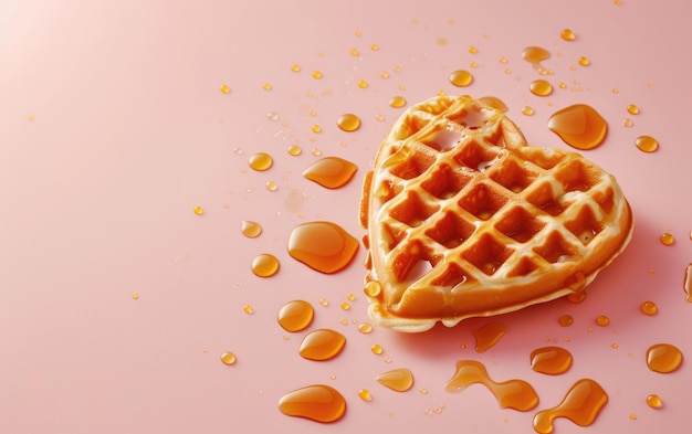 Heartshaped waffles drizzled with syrup on pastel background professional food photo ai generated