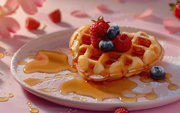 Heartshaped waffles drizzled with syrup on pastel background professional food photo ai generated