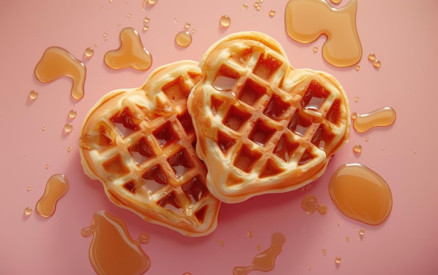 Heartshaped waffles drizzled with syrup on pastel background professional food photo ai generated