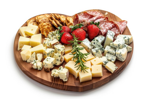 Photo heartshaped wooden platter filled with assorted cheeses cured meats and fresh strawberries for a delightful snack