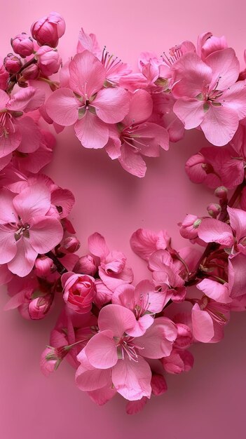 A heartshaped wreath made of pink flowers set against a soft pink background