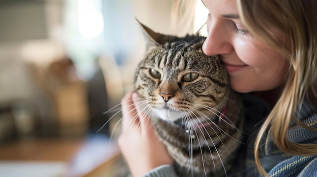 Photo heartwarming bond woman cuddling her adorable tabby cat at home