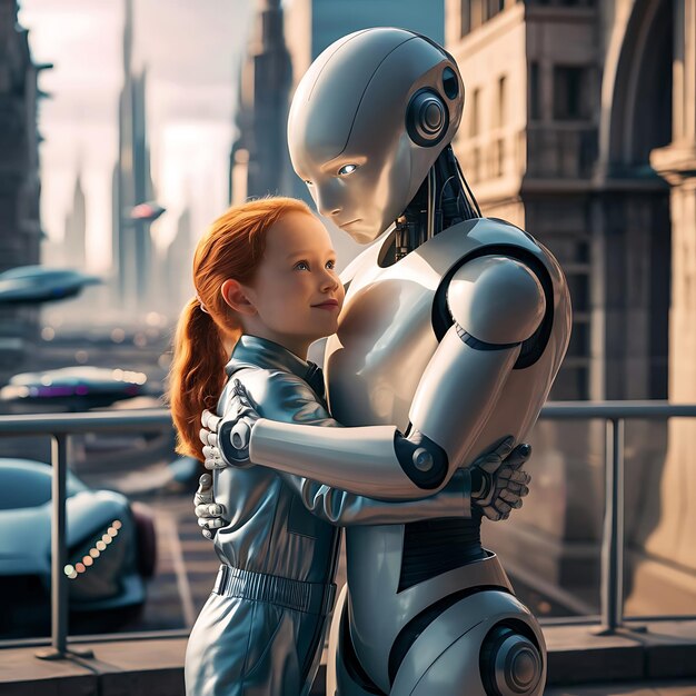 Heartwarming Bond A Young Girl and Her Trusty Robot Smiling