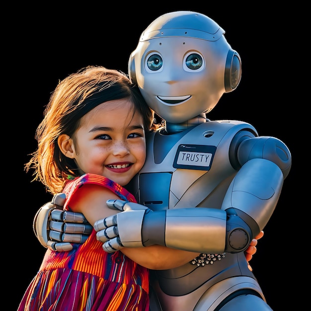 Heartwarming Bond A Young Girl and Her Trusty Robot Smiling