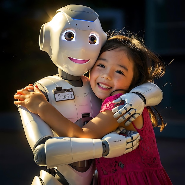 Heartwarming Bond A Young Girl and Her Trusty Robot Smiling